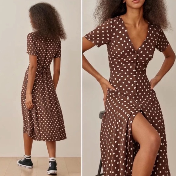 NEW Reformation Locklin French Midi Dress - Au Lait Chocolate Polka Dots - Picture 2 of 8